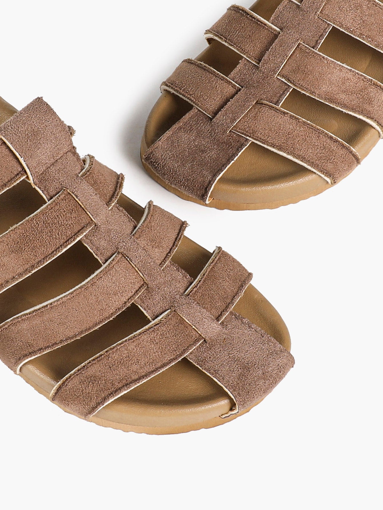 Camel Suede Woven Cage Slides with Silver-Tone Buckle Detail