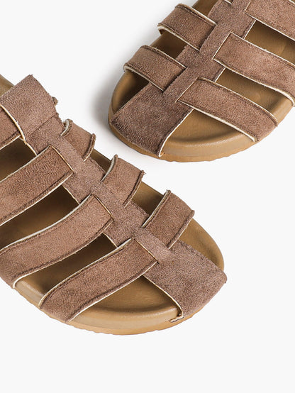 Camel Suede Woven Cage Slides with Silver-Tone Buckle Detail