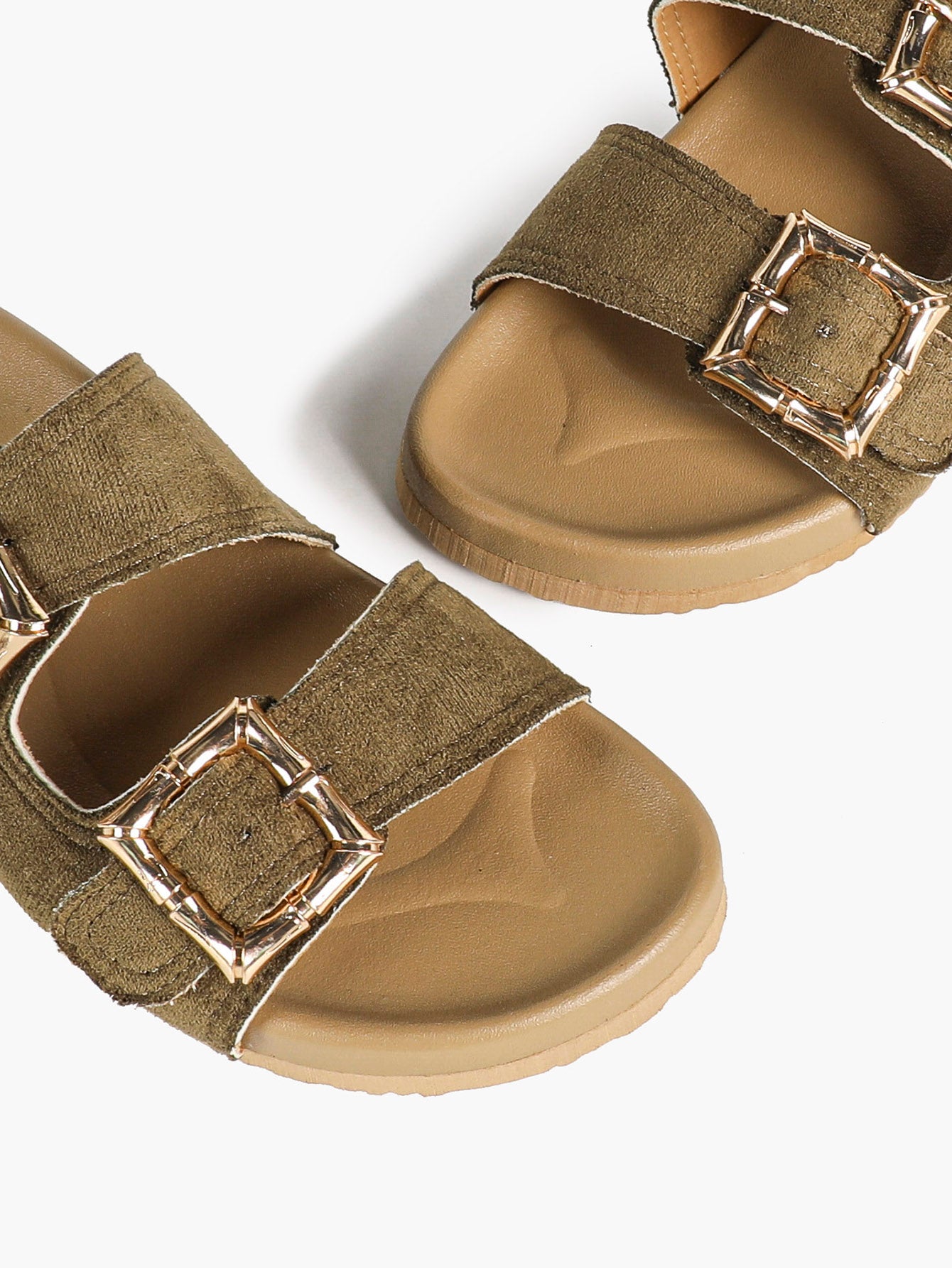 Taupe Suede Two-Strap Comfort Sandals with Gold Buckles