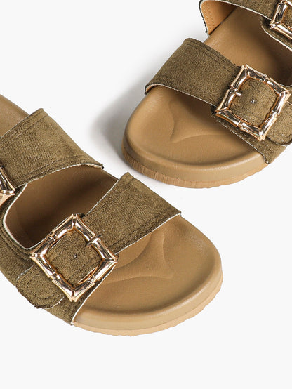 Taupe Suede Two-Strap Comfort Sandals with Gold Buckles