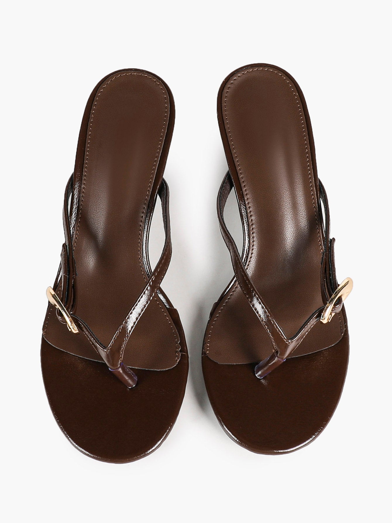 Brown Patent Toe Post Strap Heeled Mules Backless Slip-On Summer Vacation Sandals