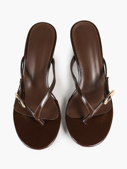 Brown Patent Toe Post Strap Heeled Mules Backless Slip-On Summer Vacation Sandals