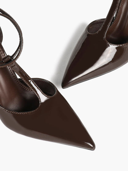 Dark Brown Patent T-Strap Slingback Pumps Closed Pointed Toe Ankle Buckle Stiletto Heels Office Shoes