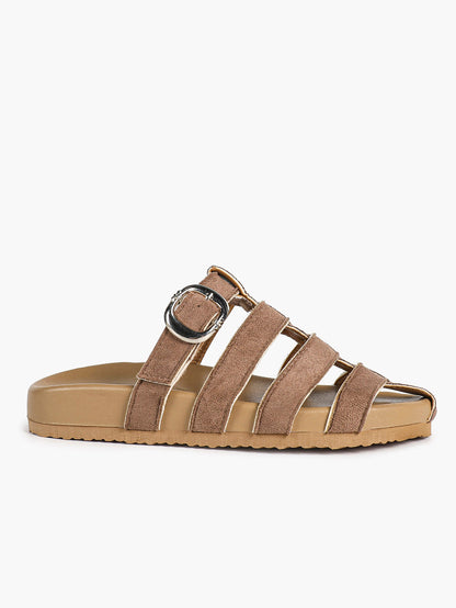 Camel Suede Woven Cage Slides with Silver-Tone Buckle Detail