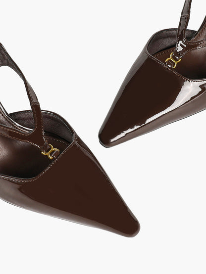 Dark Brown Patent Pointed Toe Slingback Stilettos Cross Strap Buckle Heels Party Evening Shoes