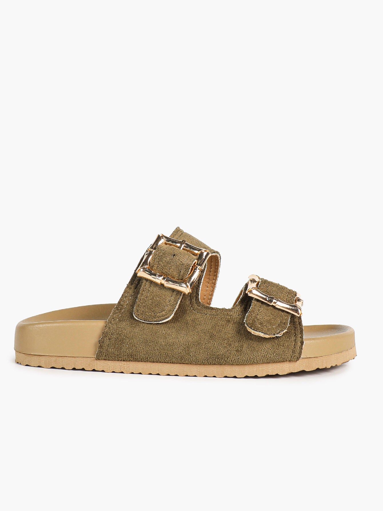 Taupe Suede Two-Strap Comfort Sandals with Gold Buckles
