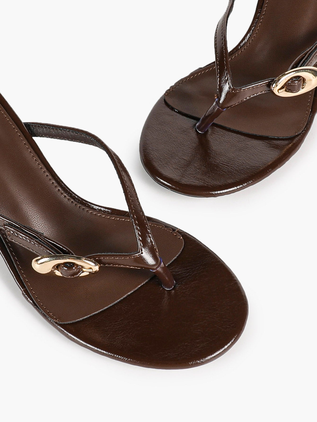 Brown Patent Toe Post Strap Heeled Mules Backless Slip-On Summer Vacation Sandals