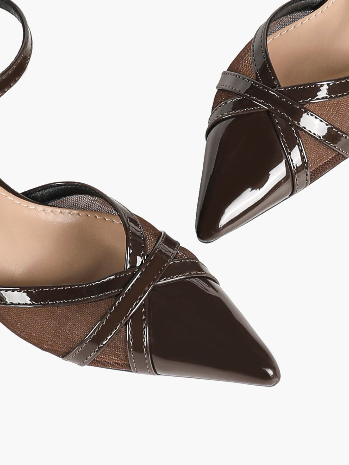 Chocolate Patent Mesh Pointed-Toe Slingback Shoes with Cross-Strap Detail