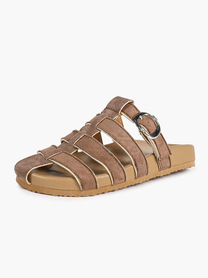Camel Suede Woven Cage Slides with Silver-Tone Buckle Detail