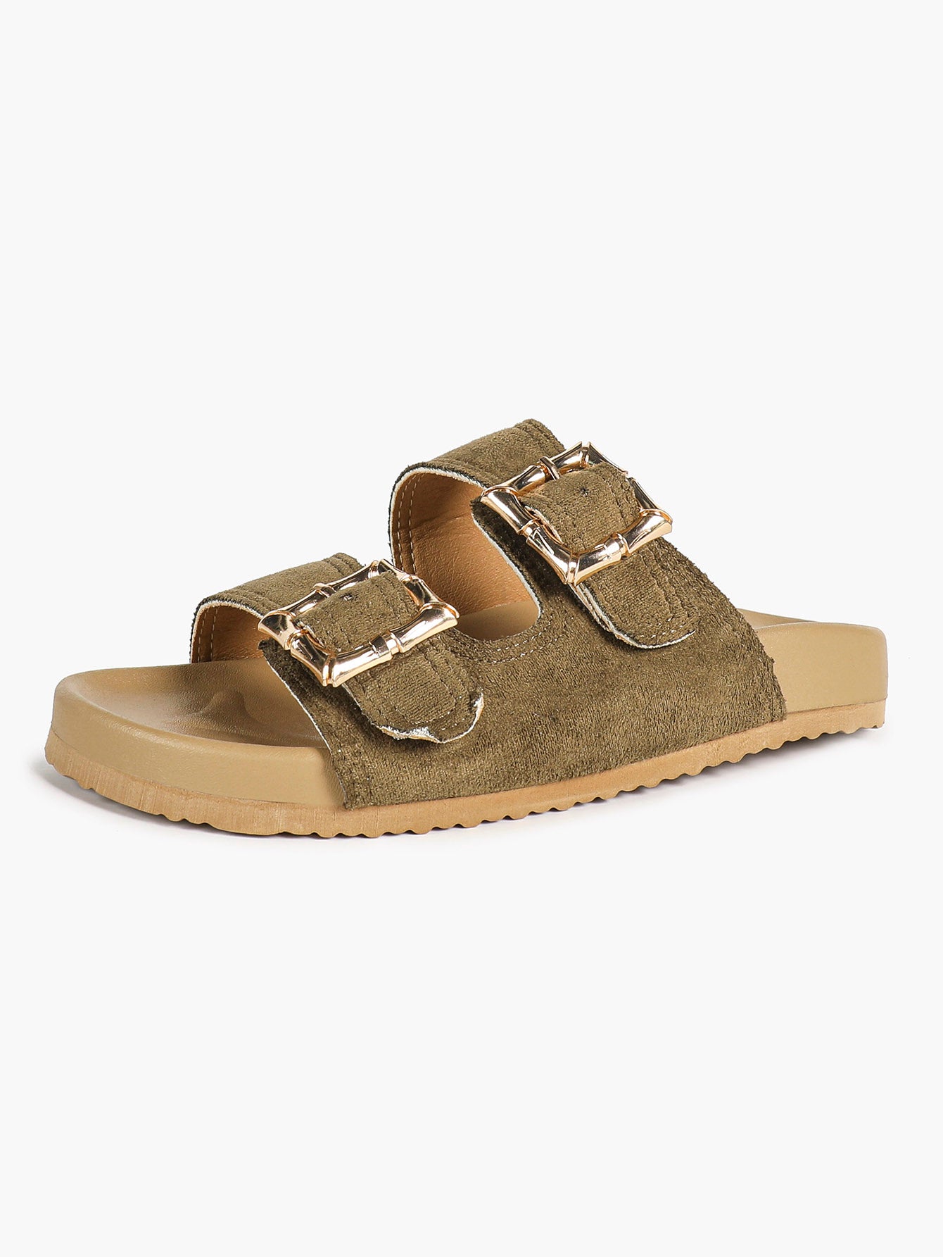 Taupe Suede Two-Strap Comfort Sandals with Gold Buckles