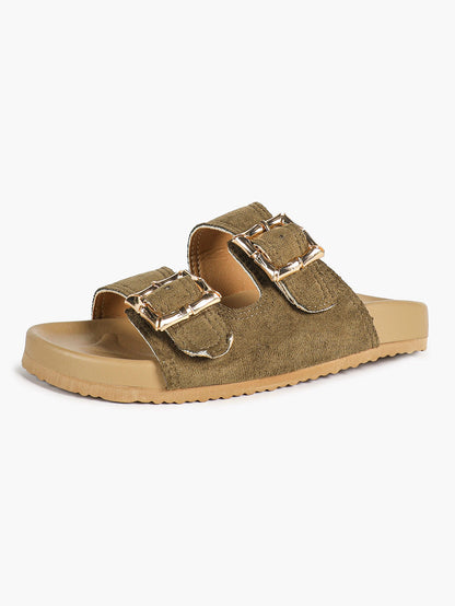 Taupe Suede Two-Strap Comfort Sandals with Gold Buckles