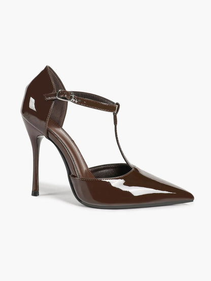 Women's Glossy T-Bar Pointed Pumps 10.5cm Stiletto Slingback Dress Heels YISHIFAN