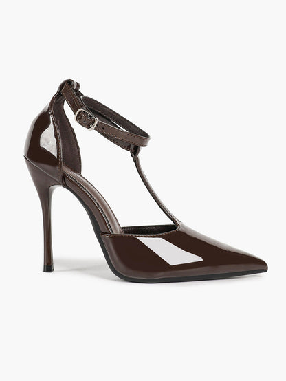Dark Brown Patent T-Strap Slingback Pumps Closed Pointed Toe Ankle Buckle Stiletto Heels Office Shoes