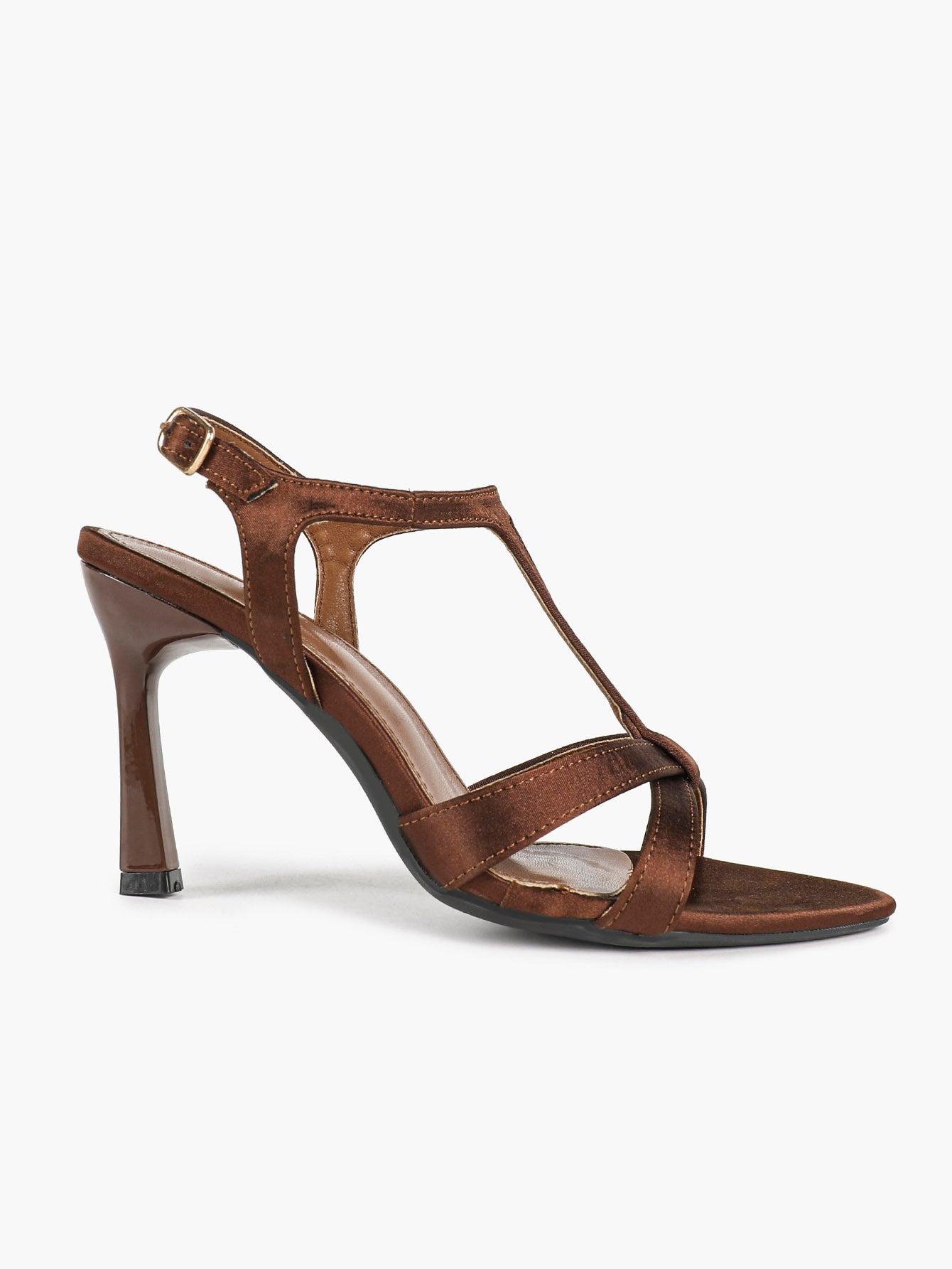 Women's Bronze Satin T-Strap Crisscross Stiletto Sandals Pointed Open Toe Ankle Buckle Heels Elegant Evening Shoes