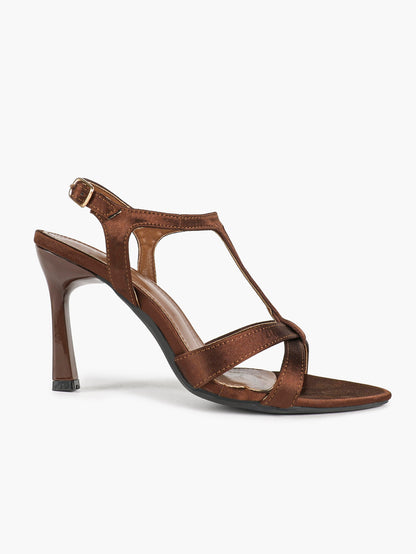 Women's Bronze Satin T-Strap Crisscross Stiletto Sandals Pointed Open Toe Ankle Buckle Heels Elegant Evening Shoes