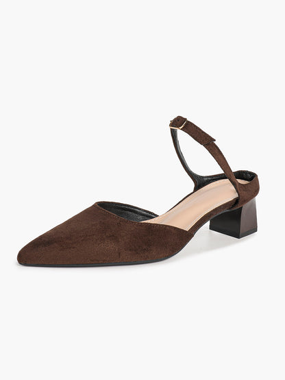 Brown Suede Pointed-Toe Slingback Pumps with Low Block Heel