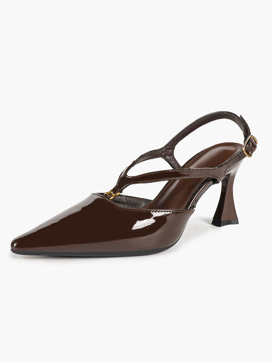 Dark Brown Patent Pointed Toe Slingback Stilettos Cross Strap Buckle Heels Party Evening Shoes