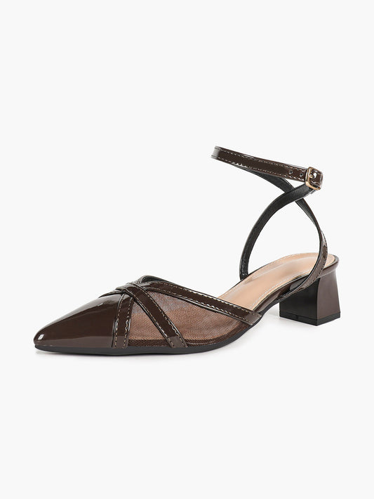 Chocolate Patent Mesh Pointed-Toe Slingback Shoes with Cross-Strap Detail