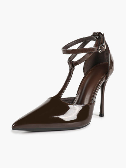 Dark Brown Patent T-Strap Slingback Pumps Closed Pointed Toe Ankle Buckle Stiletto Heels Office Shoes