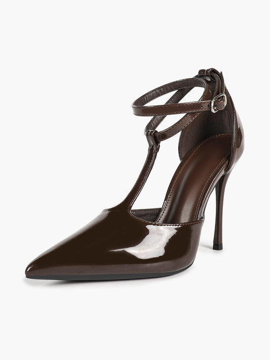 Dark Brown Patent T-Strap Slingback Pumps Closed Pointed Toe Ankle Buckle Stiletto Heels Office Shoes