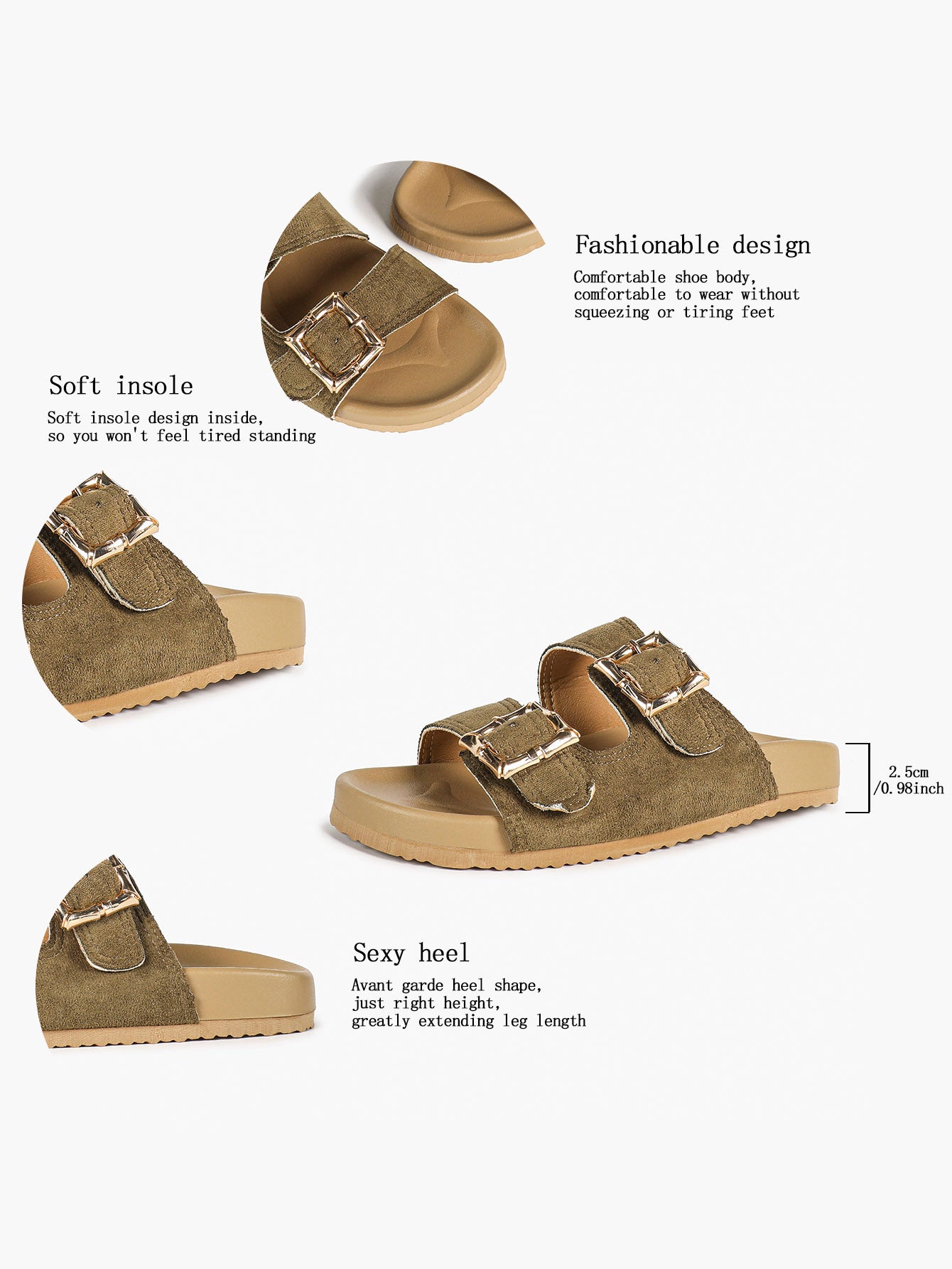 Taupe Suede Two-Strap Comfort Sandals with Gold Buckles