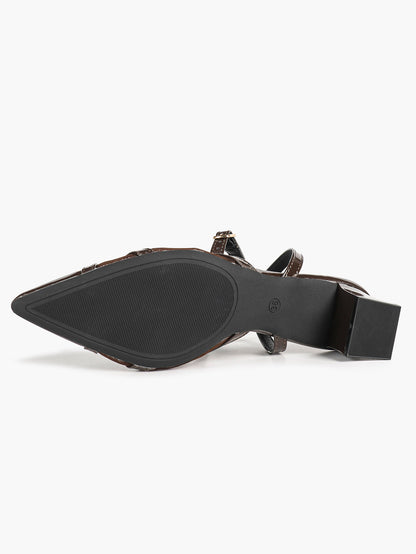 Chocolate Patent Mesh Pointed-Toe Slingback Shoes with Cross-Strap Detail