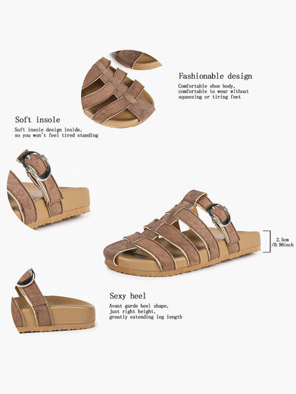 Camel Suede Woven Cage Slides with Silver-Tone Buckle Detail