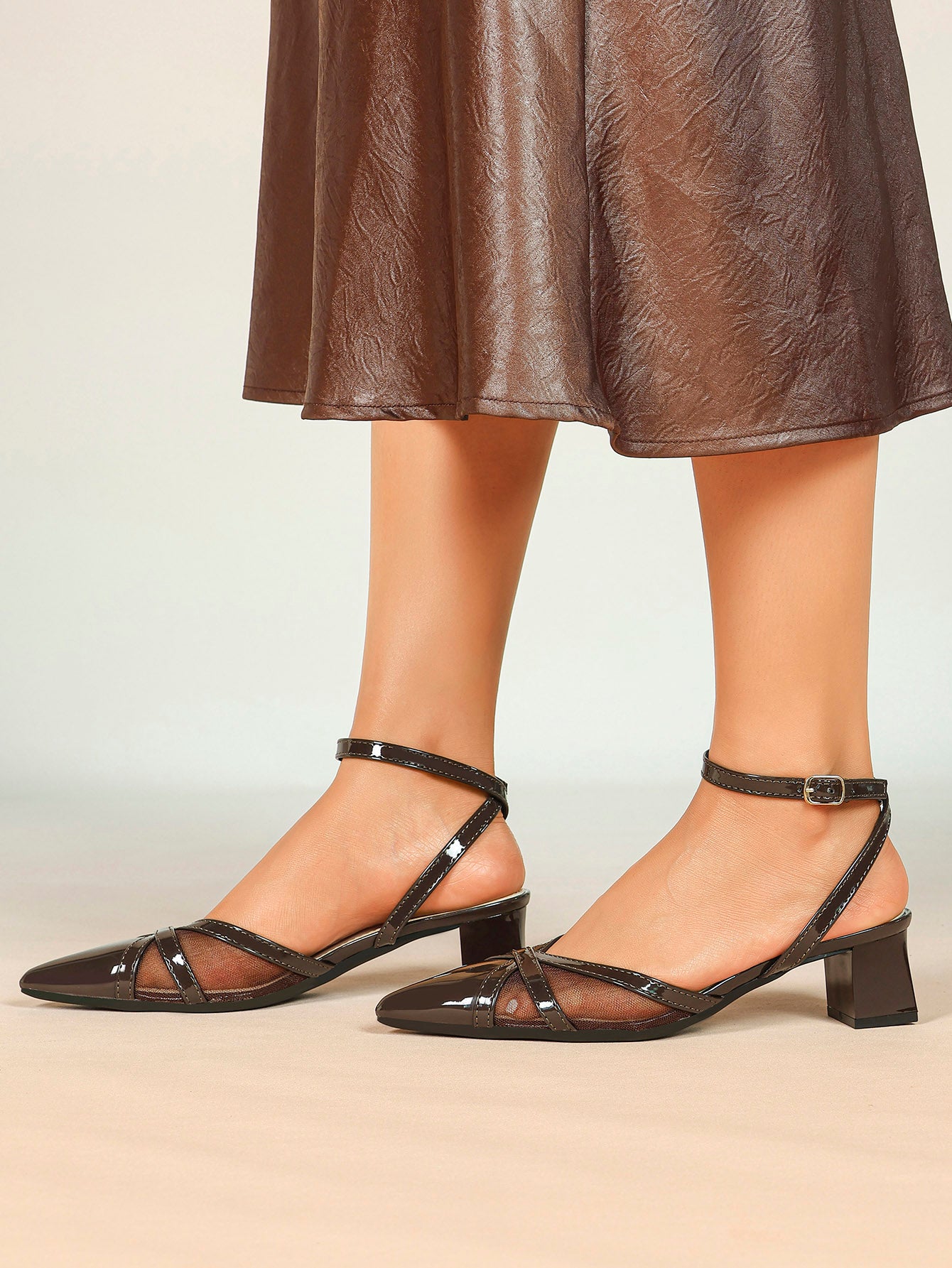 Chocolate Patent Mesh Pointed-Toe Slingback Shoes with Cross-Strap Detail
