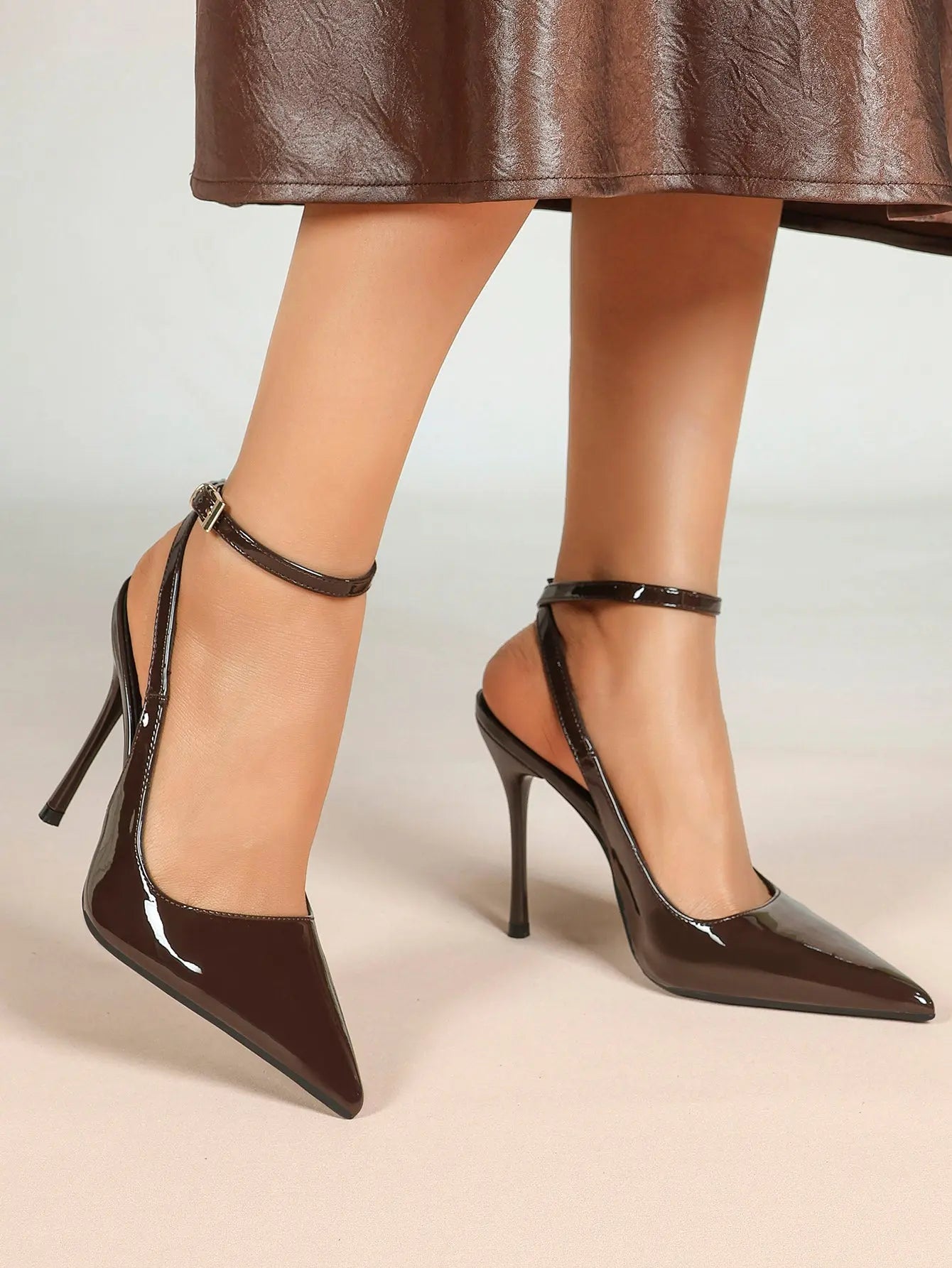 Wine Red Crinkle PU D’Orsay Ankle Strap Stiletto Slingback – Women’s Pointed Toe High Heels YISHIFAN