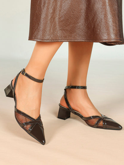 Chocolate Patent Mesh Pointed-Toe Slingback Shoes with Cross-Strap Detail