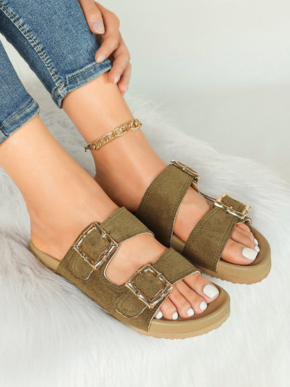 Taupe Suede Two-Strap Comfort Sandals with Gold Buckles