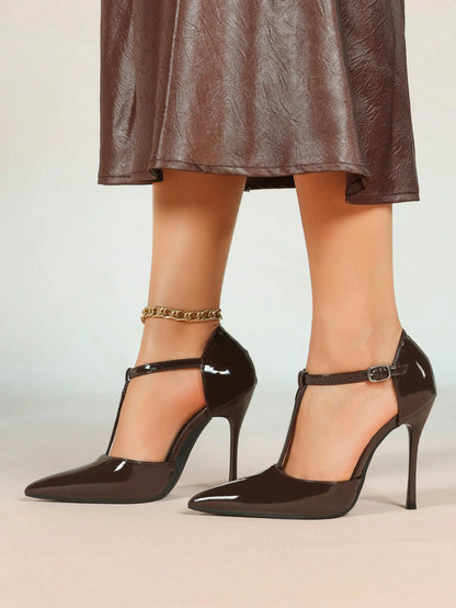 Women's Glossy T-Bar Pointed Pumps 10.5cm Stiletto Slingback Dress Heels YISHIFAN