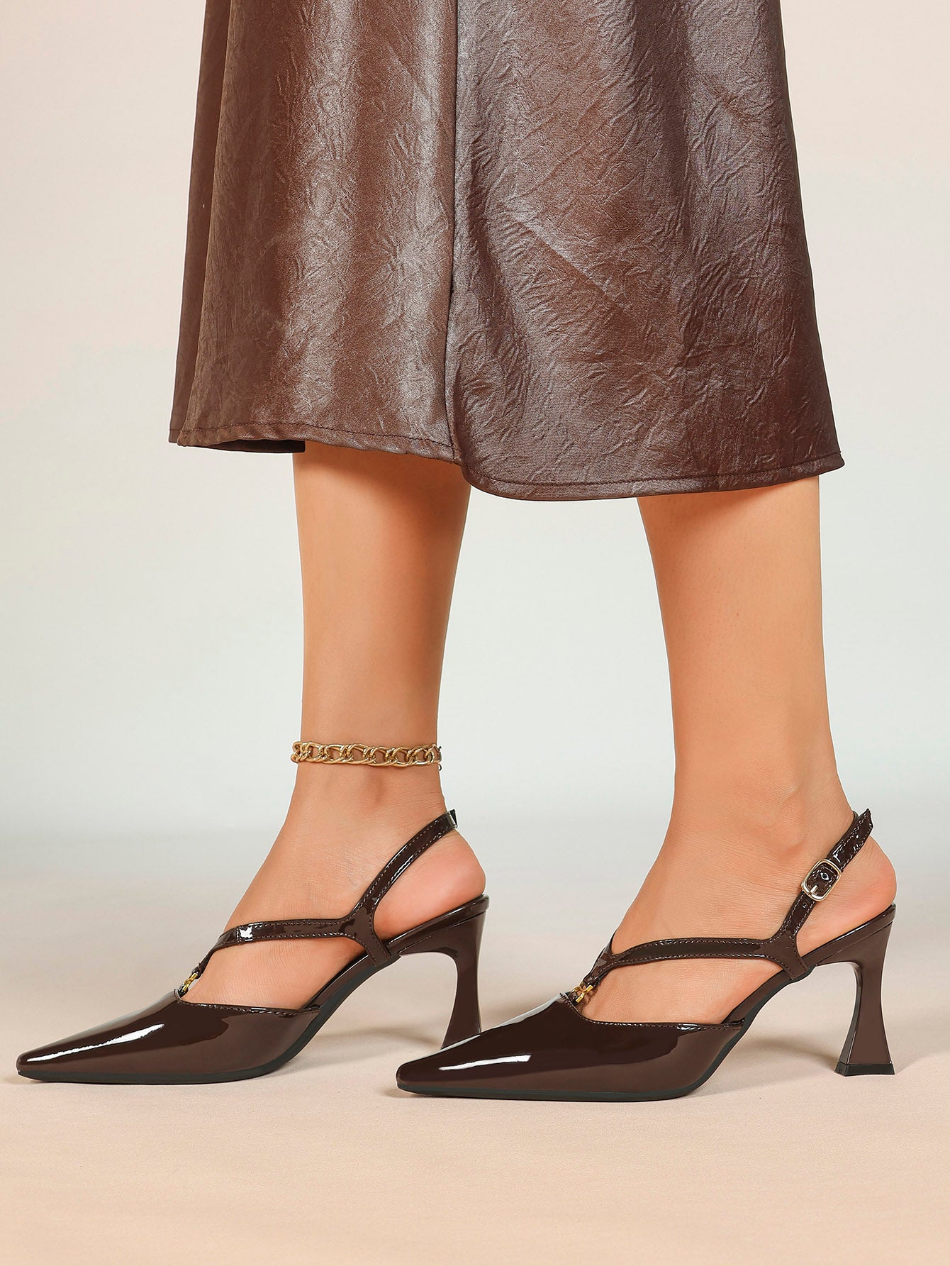 Dark Brown Patent Pointed Toe Slingback Stilettos Cross Strap Buckle Heels Party Evening Shoes