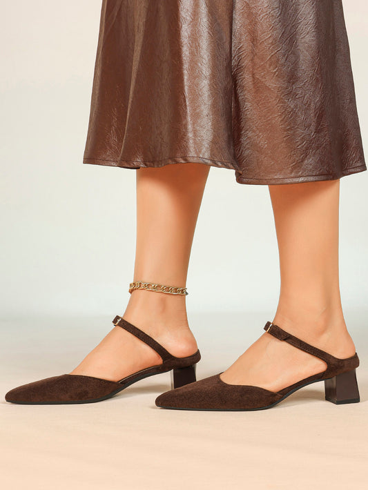 Brown Suede Pointed-Toe Slingback Pumps with Low Block Heel