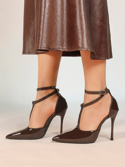 Dark Brown Patent T-Strap Slingback Pumps Closed Pointed Toe Ankle Buckle Stiletto Heels Office Shoes