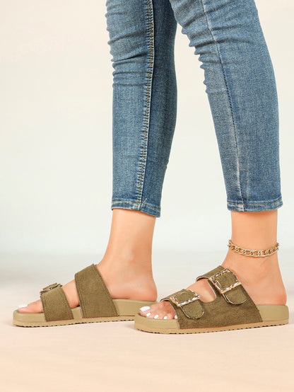 Taupe Suede Two-Strap Comfort Sandals with Gold Buckles