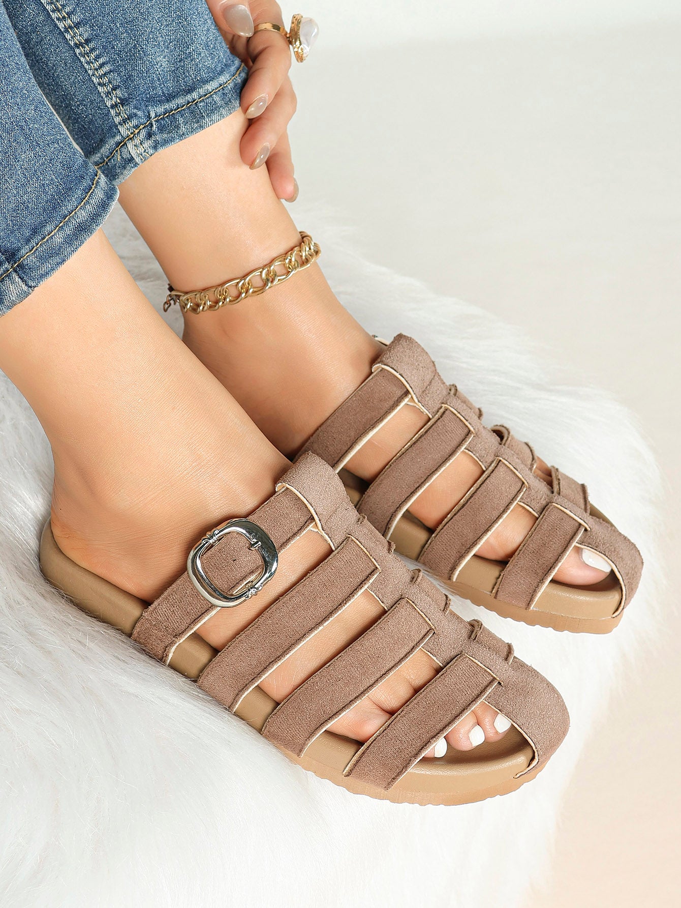 Camel Suede Woven Cage Slides with Silver-Tone Buckle Detail