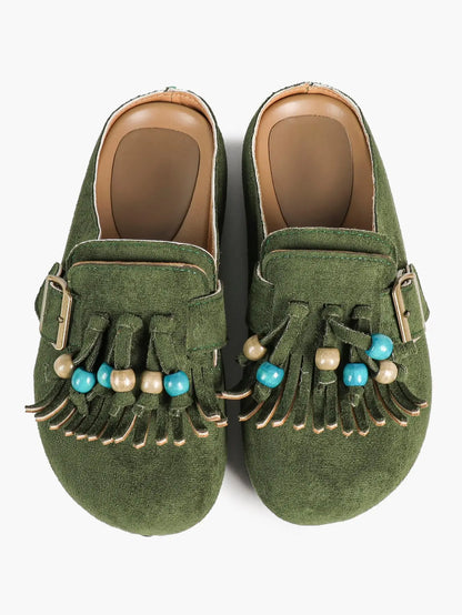 Dark Green Suede Tassel & Turquoise Bead Buckle Boston Clogs – Women's Boho Closed Toe Mule YISHIFAN