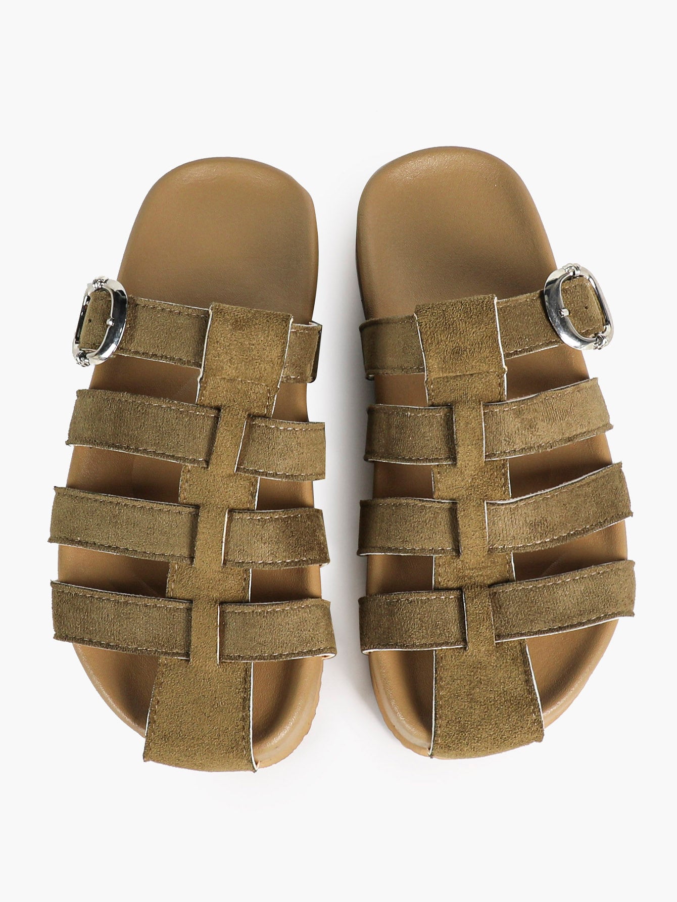 Camel Suede Woven Cage Slides with Silver-Tone Buckle Detail