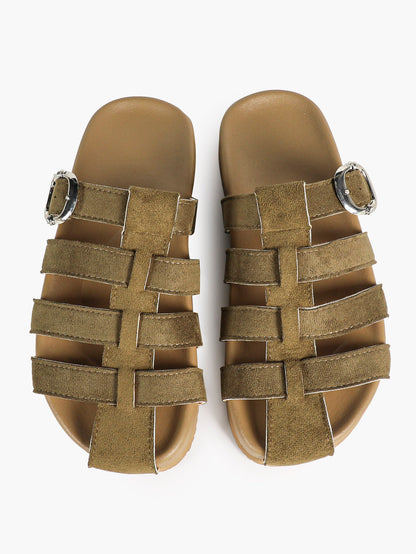 Camel Suede Woven Cage Slides with Silver-Tone Buckle Detail