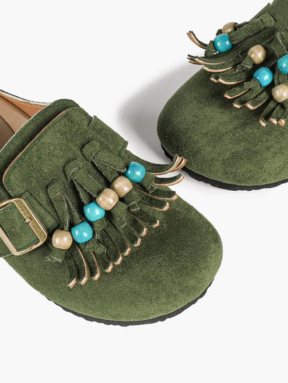 Dark Green Suede Tassel & Turquoise Bead Buckle Boston Clogs – Women's Boho Closed Toe Mule YISHIFAN