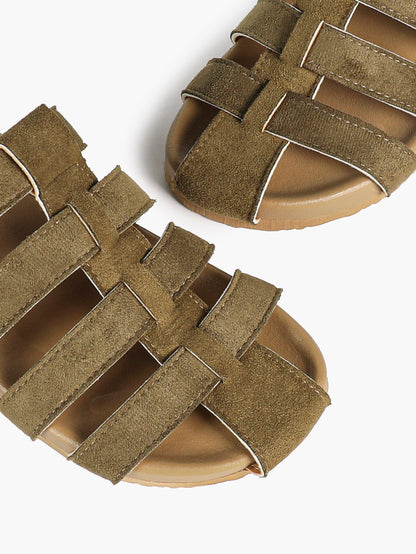 Camel Suede Woven Cage Slides with Silver-Tone Buckle Detail