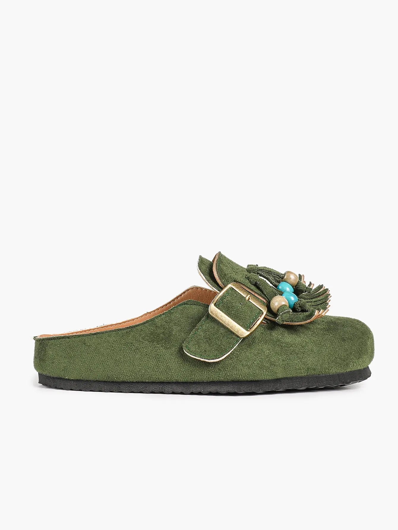 Dark Green Suede Tassel & Turquoise Bead Buckle Boston Clogs – Women's Boho Closed Toe Mule YISHIFAN