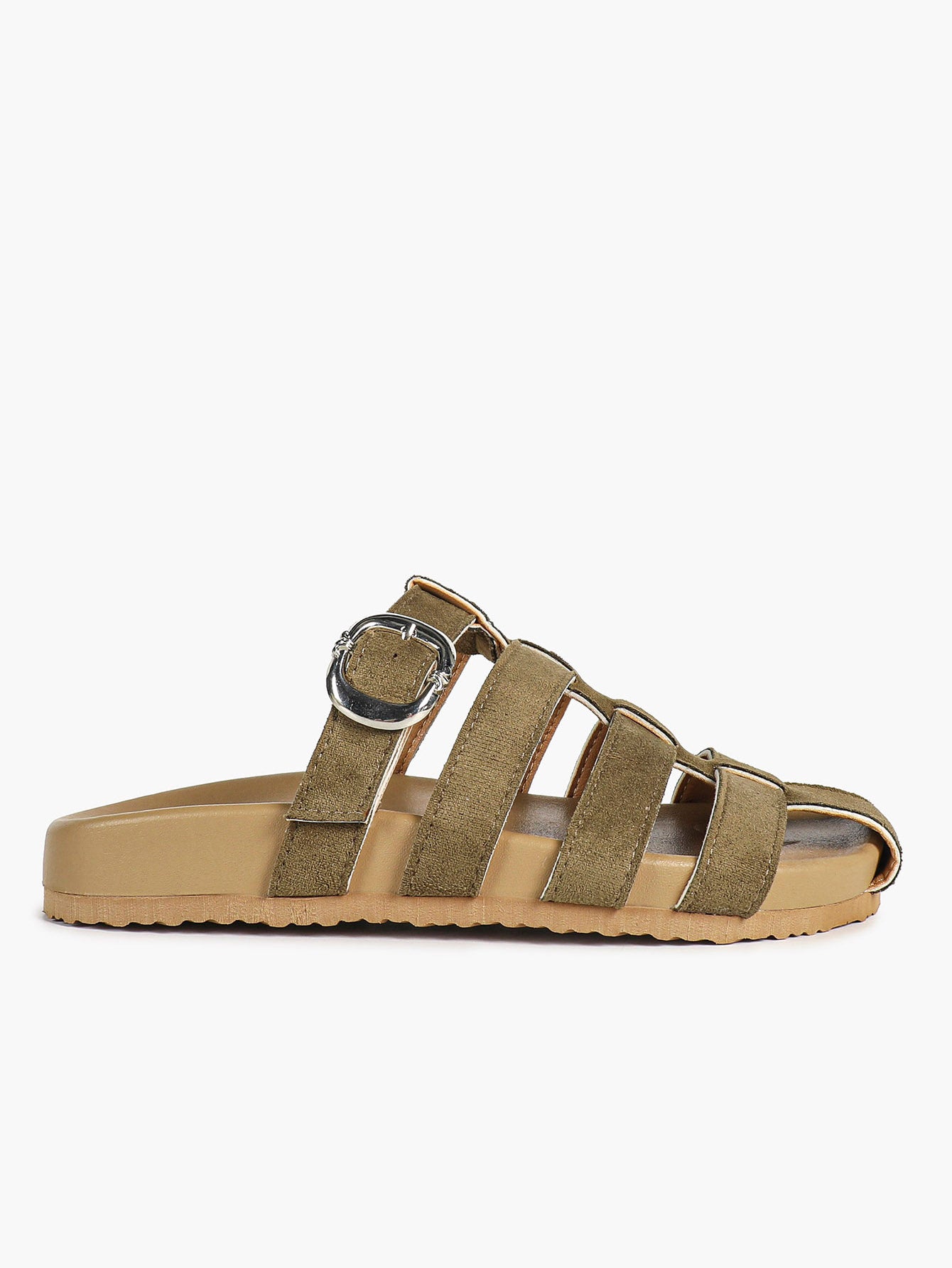 Camel Suede Woven Cage Slides with Silver-Tone Buckle Detail