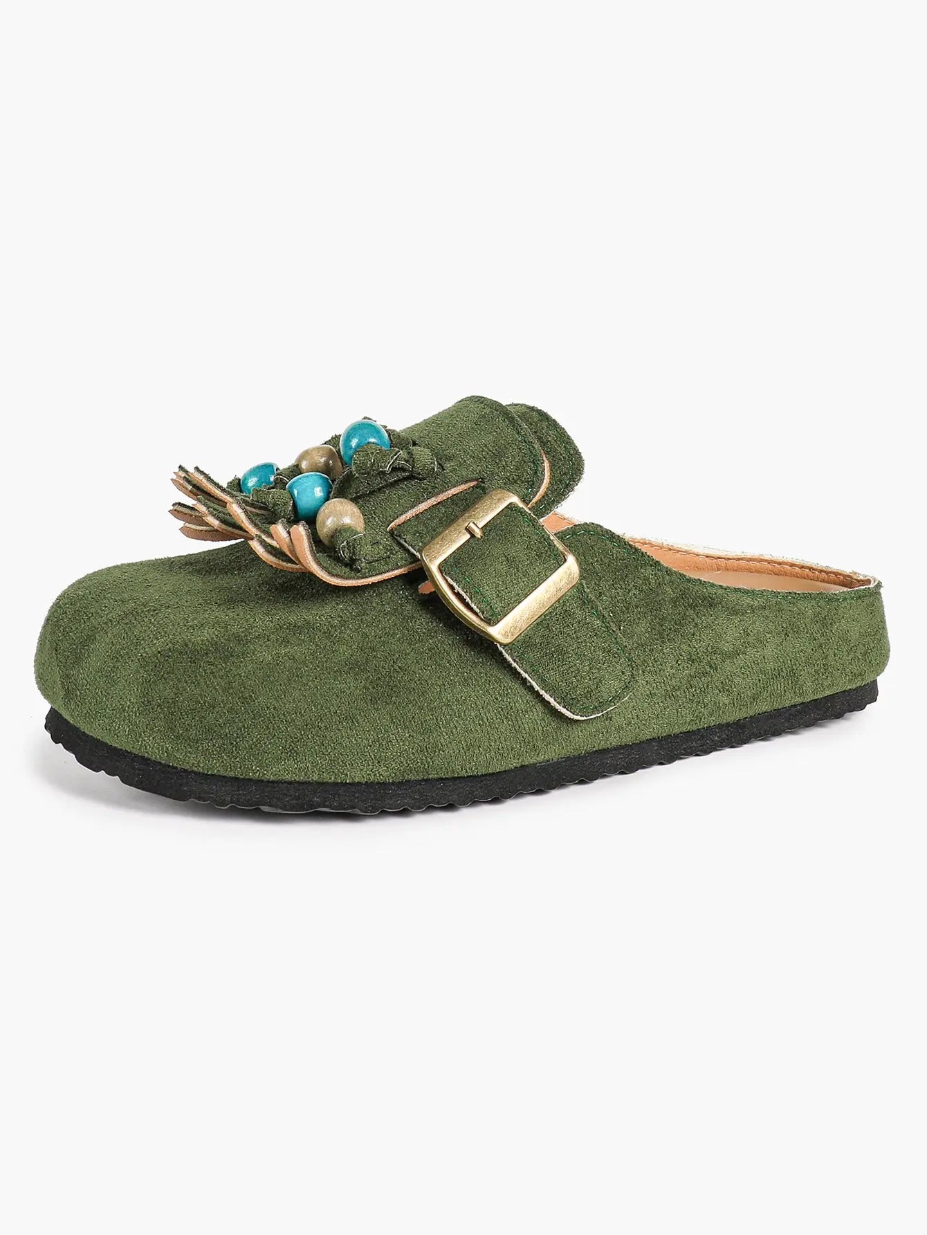 Dark Green Suede Tassel & Turquoise Bead Buckle Boston Clogs – Women's Boho Closed Toe Mule YISHIFAN