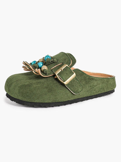 Dark Green Suede Tassel & Turquoise Bead Buckle Boston Clogs – Women's Boho Closed Toe Mule YISHIFAN