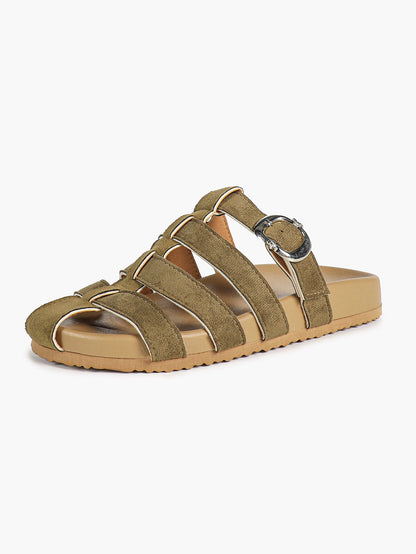 Camel Suede Woven Cage Slides with Silver-Tone Buckle Detail