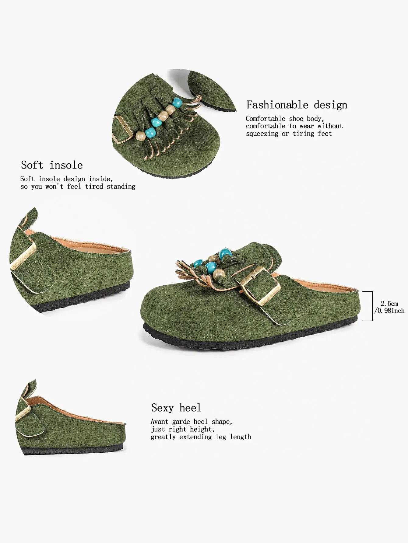 Dark Green Suede Tassel & Turquoise Bead Buckle Boston Clogs – Women's Boho Closed Toe Mule YISHIFAN