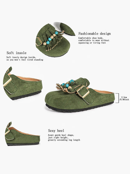 Dark Green Suede Tassel & Turquoise Bead Buckle Boston Clogs – Women's Boho Closed Toe Mule YISHIFAN