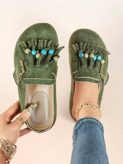 Dark Green Suede Tassel & Turquoise Bead Buckle Boston Clogs – Women's Boho Closed Toe Mule YISHIFAN